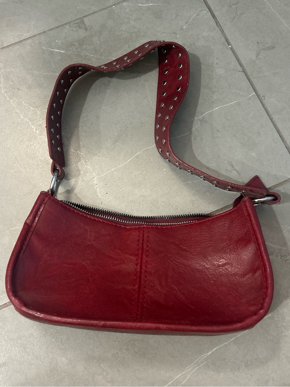 Princess Polly Red Leather Shoulder Bag with Studded Strap